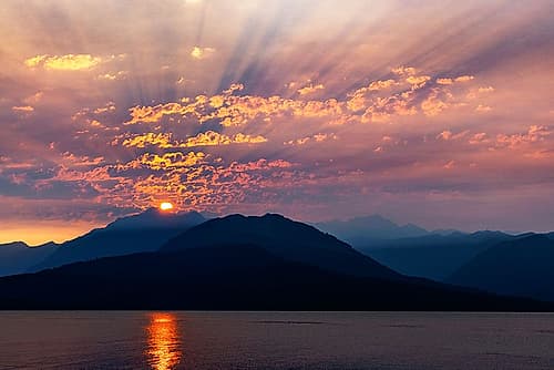 USA-Washington State-Seabeck Smoky sunset over Hood Canal and Olympic Mountains Coastal Print